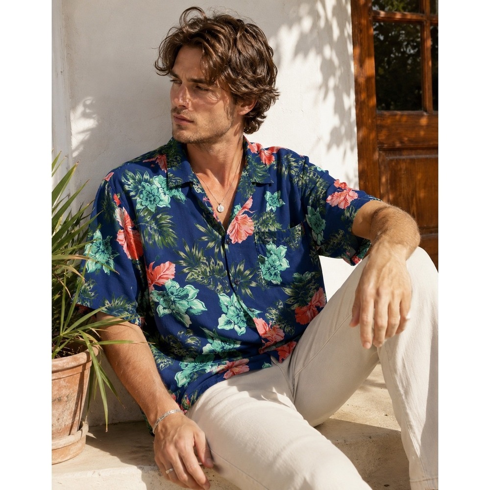 Drill Clothing Co Good Vibes Mens Large Floral Hawaiian Tropical Hibiscus Shirt